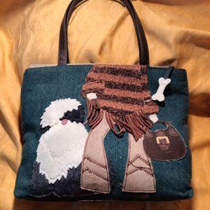VINTAGE UNIQUE BAG GAL WALKING DOG  HIPPIE SETTING